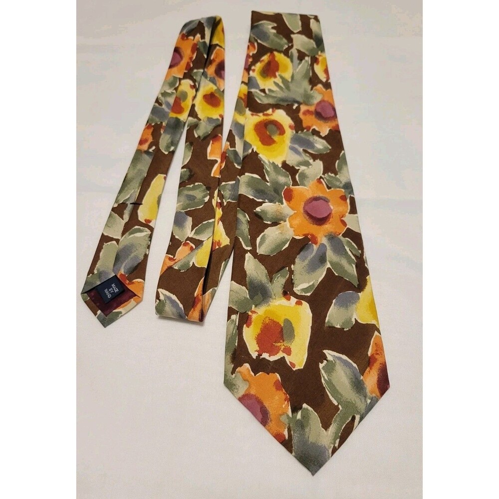 Vtg Ralph Lauren Men's Woven Floral Tie Classic Width Brown Orange Yellow Green